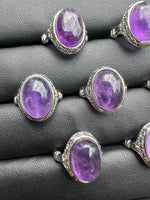 Natural Amethyst Adjustable Stainless Steel Ring – Oval Cabochon Gemstone Ring