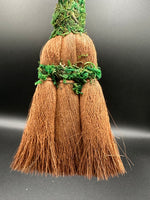 Natural Clear Quartz Crystal Palm Broom with Green Moss & Woodland Décor
