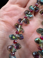 Iridescent Smoky AB Glass Teardrop Bead Strand – Red Faceted Spacer Beads