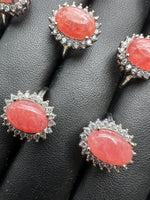 Natural Rhodochrosite Adjustable Stainless Steel Ring – Oval Pink Gemstone Halo Ring