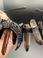 Brown & Black Handmade Natural Crystal Crown Headband – Aura-Coated Crystal Points & Crescent Moon