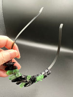 Green & Black Handmade Natural Crystal Crown Headband – Aura-Coated Crystal Points & Crescent Moon