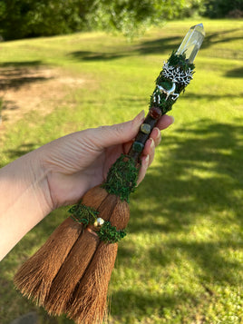 Crystal Quartz Natural Palm Broom with Green Moss and Decor