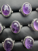 Natural Amethyst Adjustable Stainless Steel Ring – Oval Cabochon Gemstone Ring
