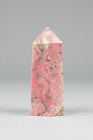 Rhodochrosite Four-Sided Tower #4 – Pink Swirls & Dark Matrix Crystal Point