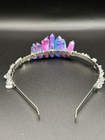 Pink, Blue & Silver Handmade Natural Crystal Crown Headband – Aura-Coated Crystal Points & Crescent Moon