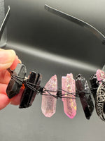 Pink & Black Handmade Natural Crystal Crown Headband – Aura-Coated Crystal Points & Crescent Moon