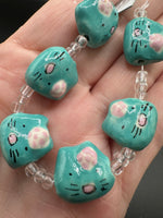 Turquoise Cat Face Ceramic Bead Strand – Hand-Painted Jewelry Making Beads