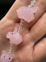 Pink Glass Pig Bead Strand – Handmade Lampwork Pig Beads with Clear Glass Spacer Beads for Jewelry Making & Crafts