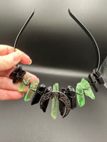 Green & Black Handmade Natural Crystal Crown Headband – Aura-Coated Crystal Points & Crescent Moon