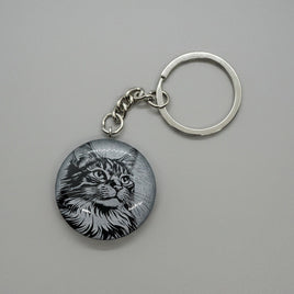 Black Obsidian Engraved Cat Round Keychain