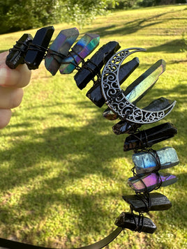 Rainbow & Black Handmade Natural Crystal Crown Headband – Aura-Coated Crystal Points & Crescent Moon