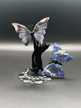 Assorted Natural Crystal Butterfly Wings with Decorative Cat Metal Stand