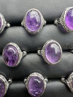 Natural Amethyst Adjustable Stainless Steel Ring – Oval Cabochon Gemstone Ring