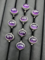 Natural Amethyst Adjustable Stainless Steel Ring – Oval Cabochon Gemstone Ring