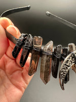 Brown & Black Handmade Natural Crystal Crown Headband – Aura-Coated Crystal Points & Crescent Moon