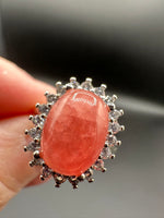 Natural Rhodochrosite Adjustable Stainless Steel Ring – Oval Pink Gemstone Halo Ring