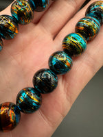 Large Black Glass Round Bead Strand – Turquoise Blue, Gold & Copper Metallic Accents