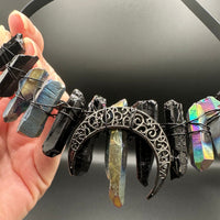 Rainbow & Black Handmade Natural Crystal Crown Headband – Aura-Coated Crystal Points & Crescent Moon
