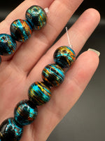 Large Black Glass Round Bead Strand – Turquoise Blue, Gold & Copper Metallic Accents