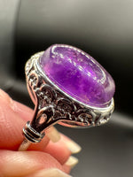 Natural Amethyst Adjustable Stainless Steel Ring – Oval Cabochon Gemstone Ring