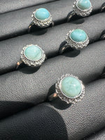 Natural Larimar Adjustable Stainless Steel Ring – Round Cabochon Gemstone Ring