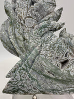 Moss Agate Nine-Tailed Fox Carving with Druzy