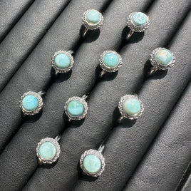 Natural Larimar Adjustable Stainless Steel Ring – Round Cabochon Gemstone Ring