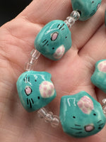 Turquoise Cat Face Ceramic Bead Strand – Hand-Painted Jewelry Making Beads