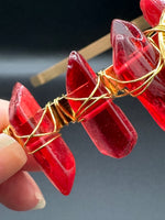Red & Gold Natural Crystal Crown Headband – Aura-Coated Quartz & Crescent Moon