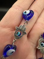 Blue Evil Eye Heart & Hamsa Bead Strand – Glass & Metal Jewelry Making Supplies