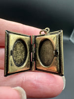 Antique Brass Book Locket Pendant with Iridescent Faux Druzy Accent – Opening Photo Locket Pendant