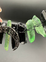 Green & Black Handmade Natural Crystal Crown Headband – Aura-Coated Crystal Points & Crescent Moon