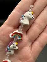 Handmade Lampwork Glass Unicorn & Rainbow Bead Strand – Whimsical Fantasy Glass Beads for Jewelry Making & Crafts