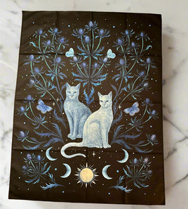 Blue Cat Tapestry with Moon, Sun, Moth and Flowers