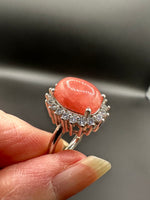 Natural Rhodochrosite Adjustable Stainless Steel Ring – Oval Pink Gemstone Halo Ring