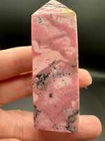 Rhodochrosite Four-Sided Tower #4 – Pink Swirls & Dark Matrix Crystal Point