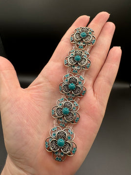 Antique Silvertone Floral Connector Strand with Turquoise-Color Accents