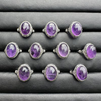 Natural Amethyst Adjustable Stainless Steel Ring – Oval Cabochon Gemstone Ring