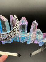 Pastel Rainbow Handmade Natural Crystal Crown Headband – Aura-Coated Crystal Points &  Crescent Moon