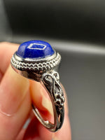 Natural Lapis Lazuli Adjustable Stainless Steel Ring – Round Blue Cabochon Crystal Ring
