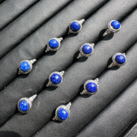 Natural Lapis Lazuli Adjustable Stainless Steel Ring – Round Blue Cabochon Crystal Ring