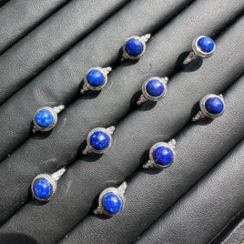Natural Lapis Lazuli Adjustable Stainless Steel Ring – Round Blue Cabochon Crystal Ring