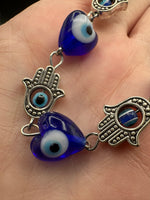 Blue Evil Eye Heart & Hamsa Bead Strand – Glass & Metal Jewelry Making Supplies