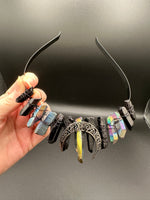 Rainbow & Black Handmade Natural Crystal Crown Headband – Aura-Coated Crystal Points & Crescent Moon