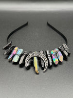 Rainbow & Black Handmade Natural Crystal Crown Headband – Aura-Coated Crystal Points & Crescent Moon