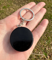 Black Obsidian Engraved Cat Round Keychain