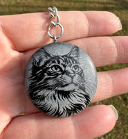 Black Obsidian Engraved Cat Round Keychain