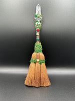 Natural Clear Quartz Crystal Palm Broom with Green Moss & Woodland Décor