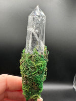 Natural Clear Quartz Crystal Palm Broom with Green Moss & Woodland Décor